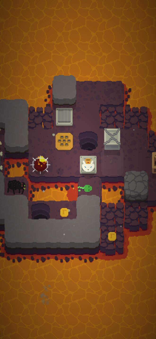 A lit bomb next to the rabbit, with a spider and traps around