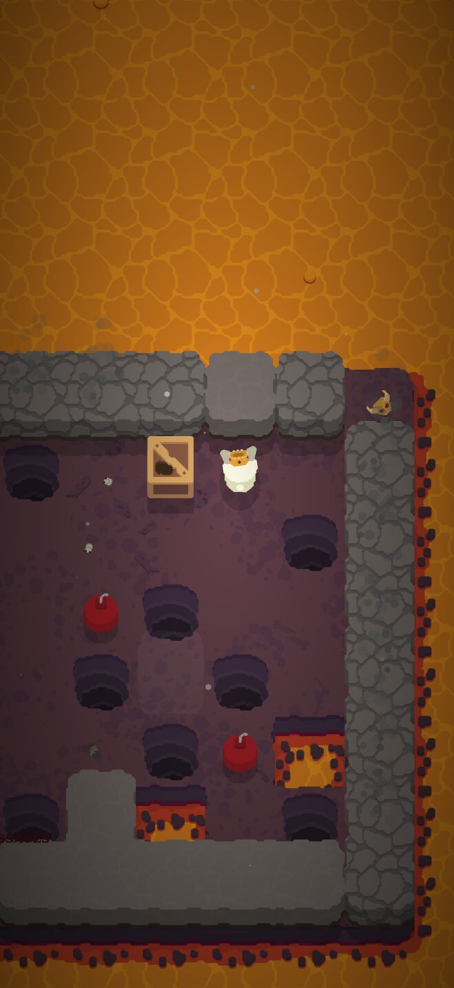 A large walled room with bombs and crates