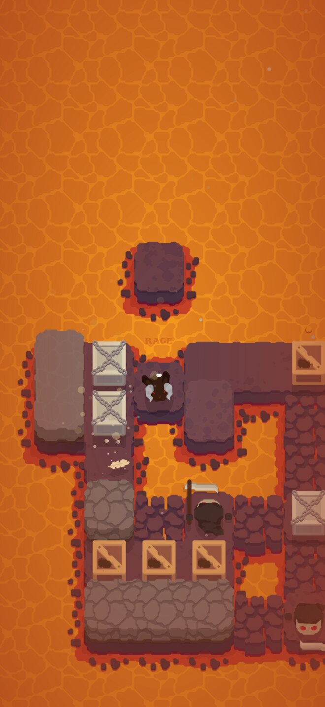 A raging bull charges through crates on bright lava