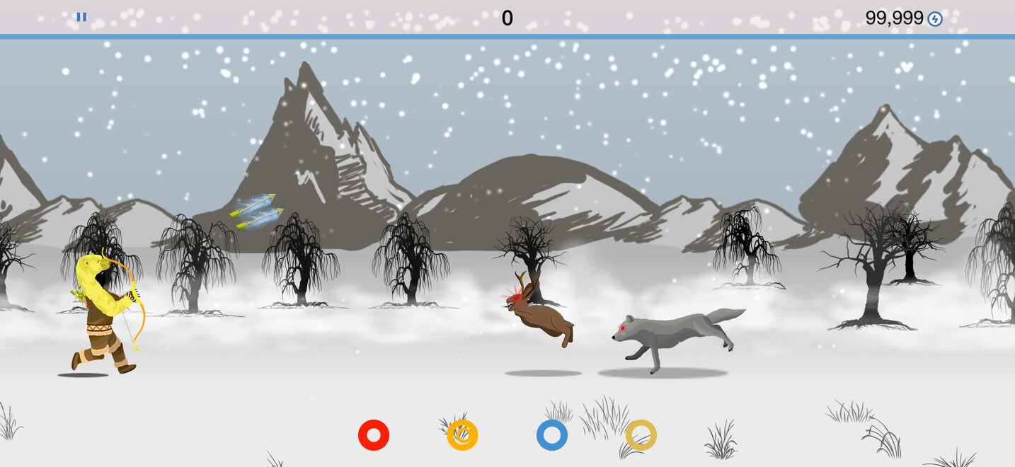 Arrows fly toward a deer and a wolf across the snow