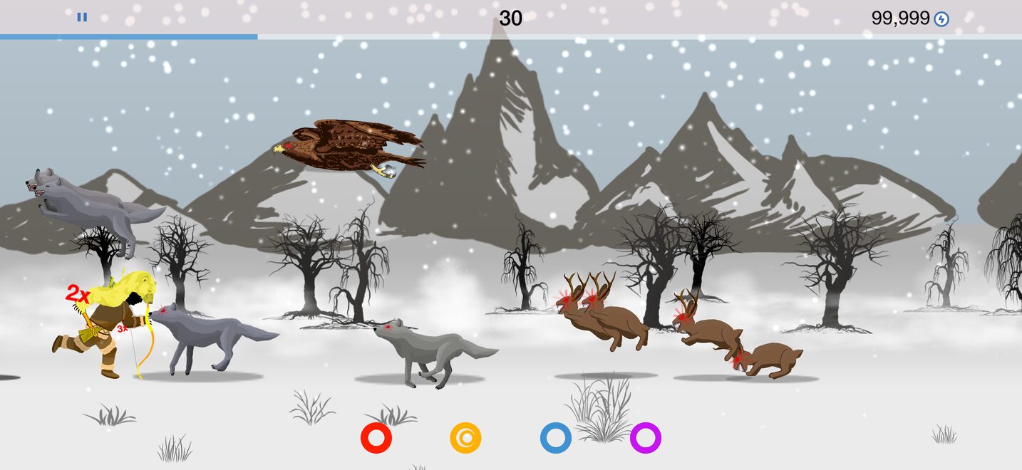 The warrior charges past a wolf as deer and rabbits scatter across the snow