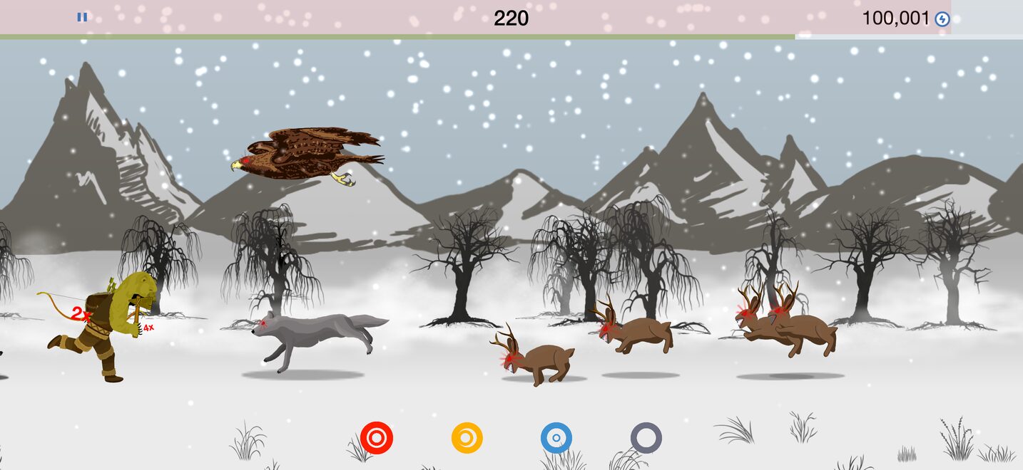 The warrior runs with a 2x multiplier as an eagle swoops and deer flee