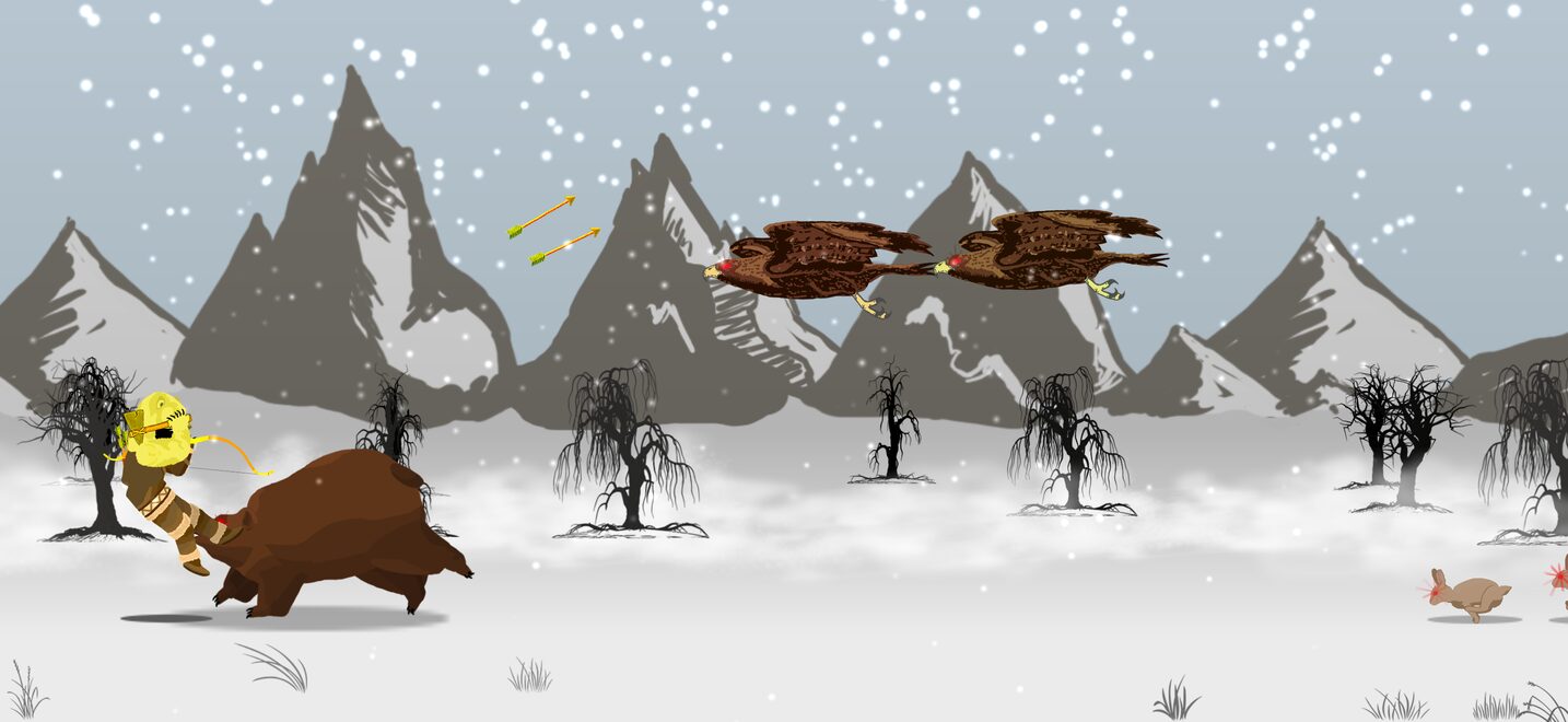 The warrior rides a charging bear while eagles circle overhead